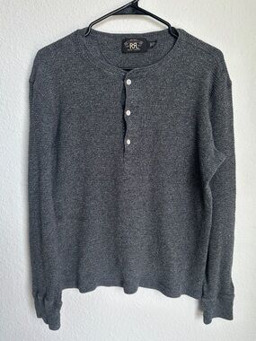 RRL Double RL Ralph Lauren Faded Grey Cotton Waffle-Knit Henley Medium Shirt